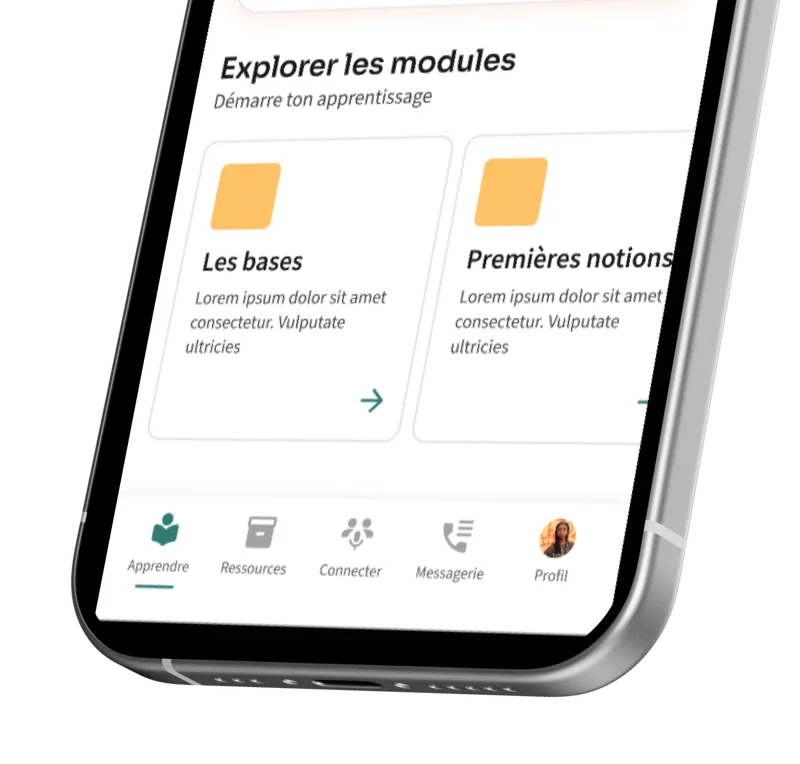 Écran de l'application montrant un module d'apprentissage