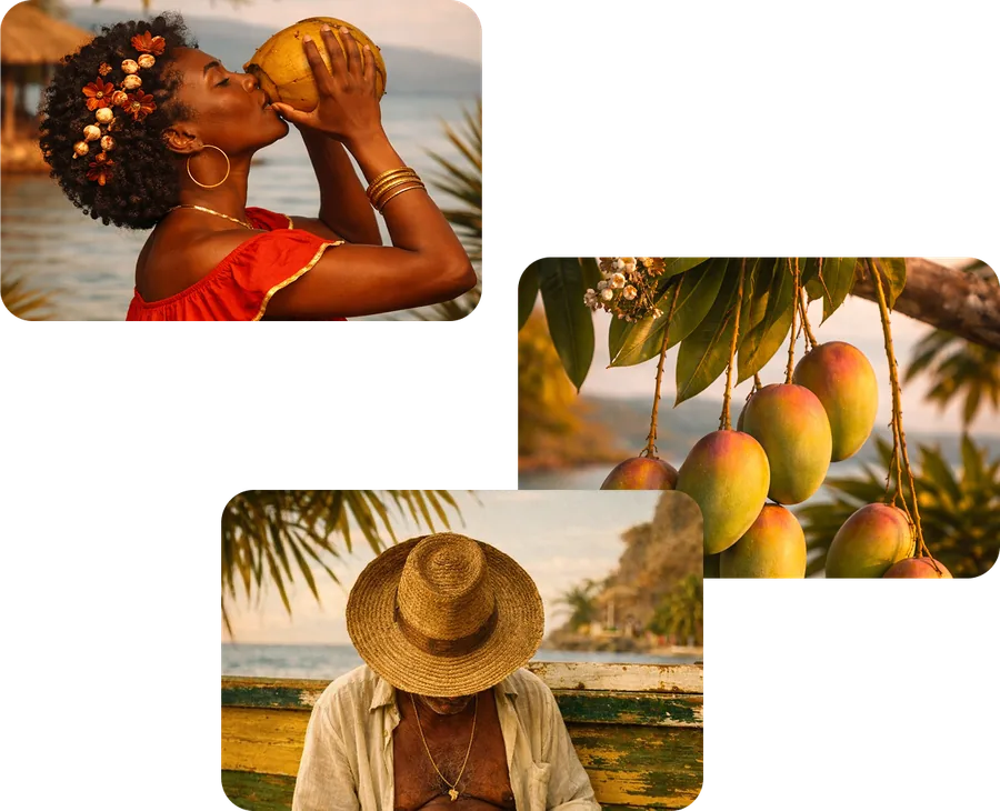 Scènes de vie antillaise : femme buvant une noix de coco, mangues sur l'arbre, homme au chapeau de paille